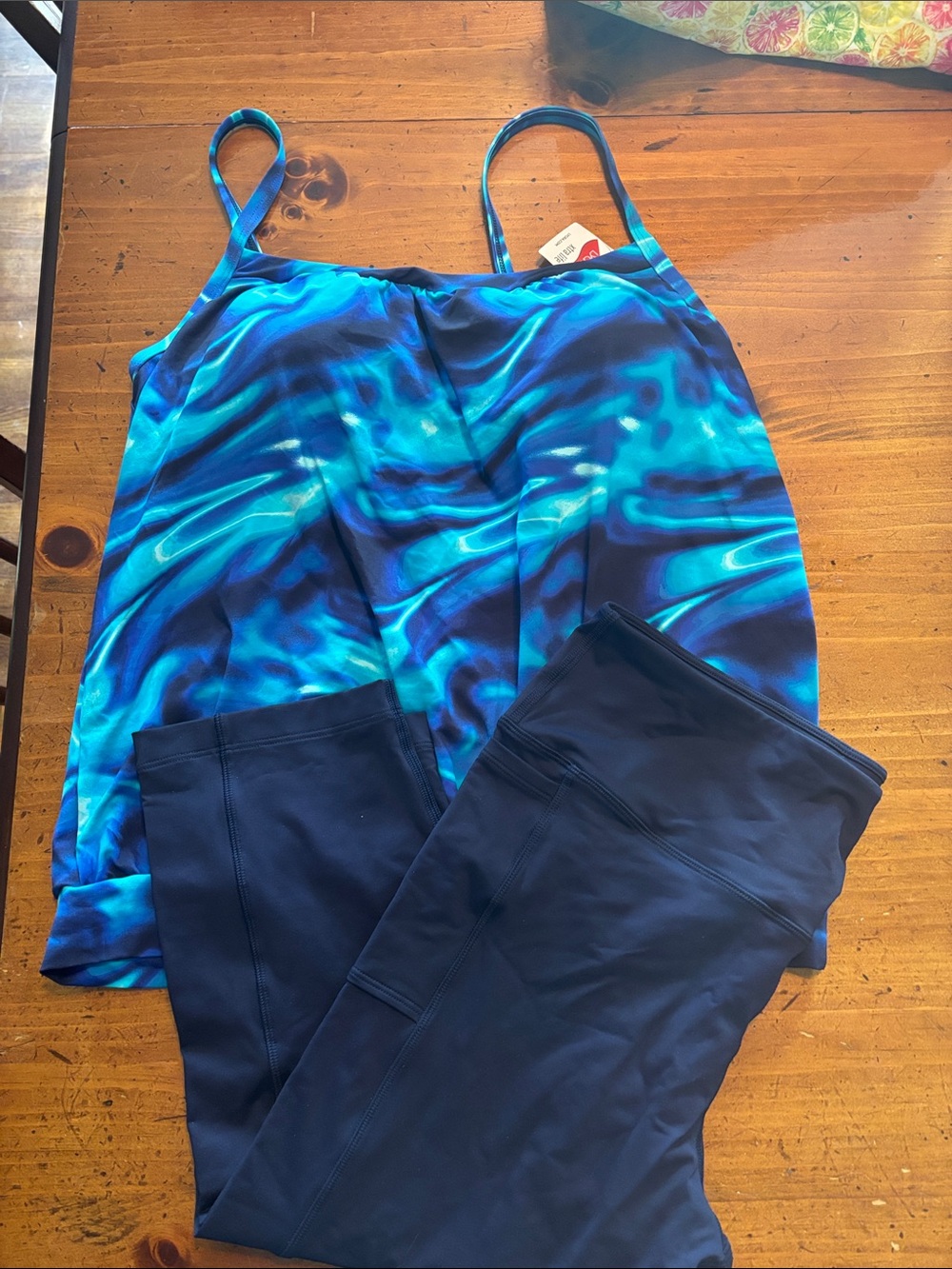Blue Swirl Tankini Top and Navy Swim Leggings